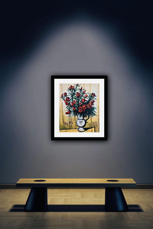 Bernhard Buffet,  “Red Roses, 1978". Getekend In De Plaat, Genummerd Achterkant. Galerie Maurice Garnier, Parijs 1979. In Uitste