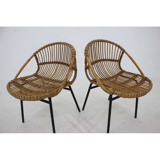 Image 1 of Paar vintage rotan en ijzeren loungestoelen van Alan Fuchs, Tsjecho-Slowakije 1970