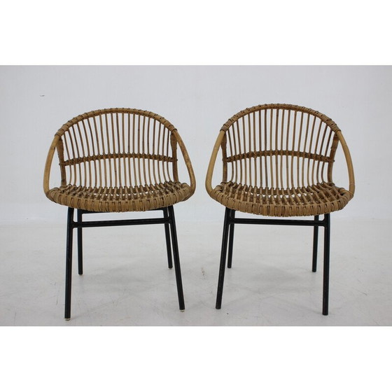 Image 1 of Paar vintage rotan en ijzeren loungestoelen van Alan Fuchs, Tsjecho-Slowakije 1970