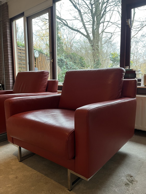 Image 1 of 2x Rode Leren Stoelen Van Hulshof