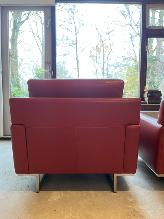 Image 1 of 2x Rode Leren Stoelen Van Hulshof