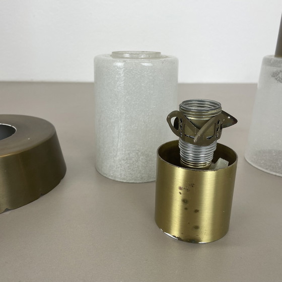 Image 1 of Set van twee minimalistische messing en glazen "buis" plafondlampen, Italië 1970S