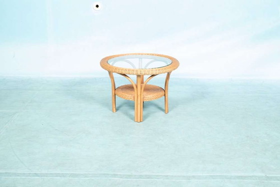 Image 1 of Vintage rieten ronde salontafel, glas bohemian rotan