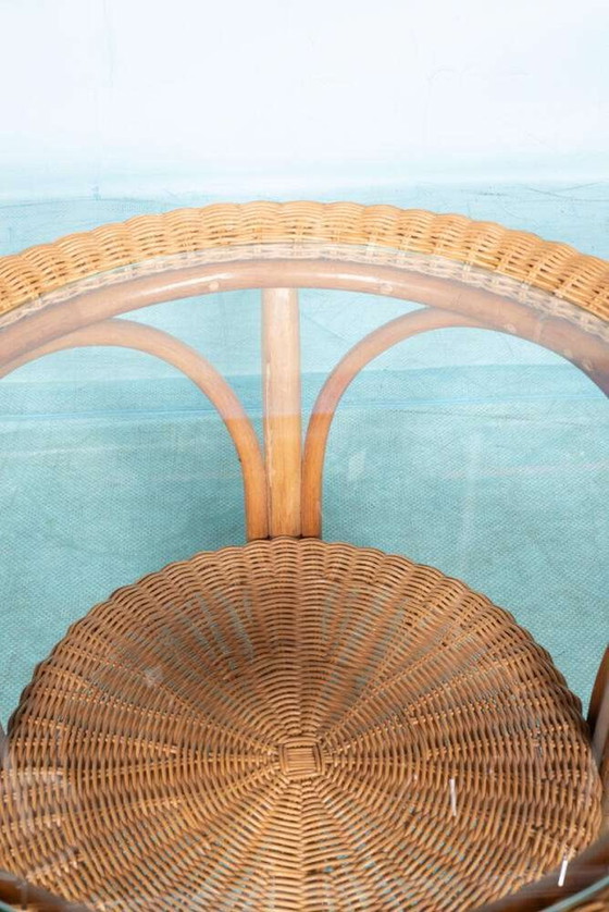 Image 1 of Vintage rieten ronde salontafel, glas bohemian rotan