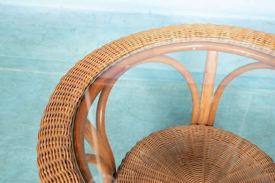 Image 1 of Vintage rieten ronde salontafel, glas bohemian rotan