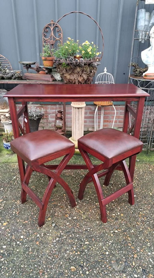 Mahonie Houten Ontbijttafel Met 2 Stoelen Met Lederen Bekleding Afm. 107x47cm En 92cm Hoog