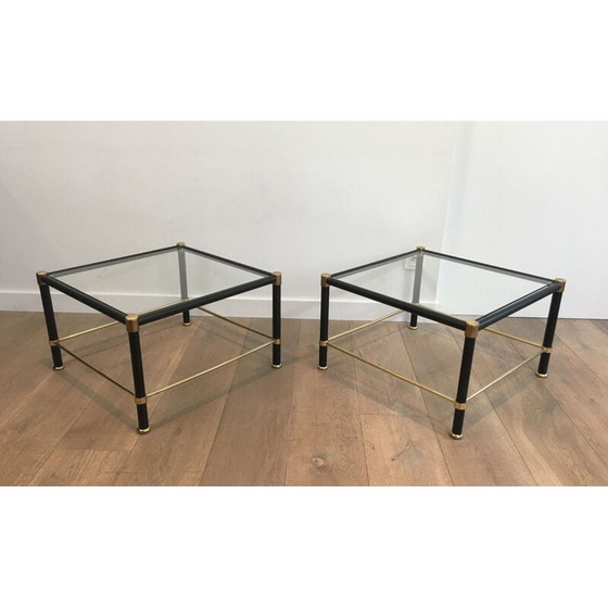 Image 1 of Paar vintage vierkante messing bankeinden met zwart leren omhulsels, 1970