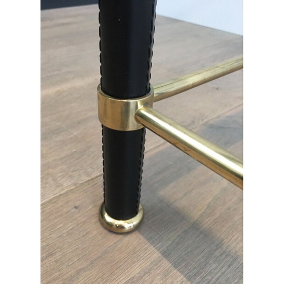 Image 1 of Paar vintage vierkante messing bankeinden met zwart leren omhulsels, 1970