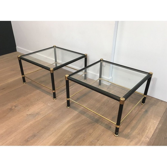 Image 1 of Paar vintage vierkante messing bankeinden met zwart leren omhulsels, 1970