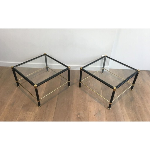 Paar vintage vierkante messing bankeinden met zwart leren omhulsels, 1970