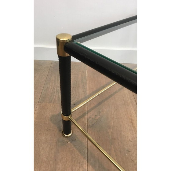 Image 1 of Paar vintage vierkante messing bankeinden met zwart leren omhulsels, 1970