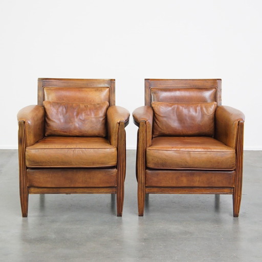 2 X Art Deco Design Armchairs Gemaakt Van Schapenleer