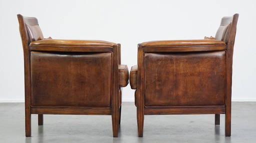 2 X Art Deco Design Armchairs Gemaakt Van Schapenleer