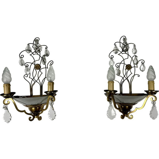 Image 1 of Paar vintage messing wandlampen met papil decor, 1940-1950