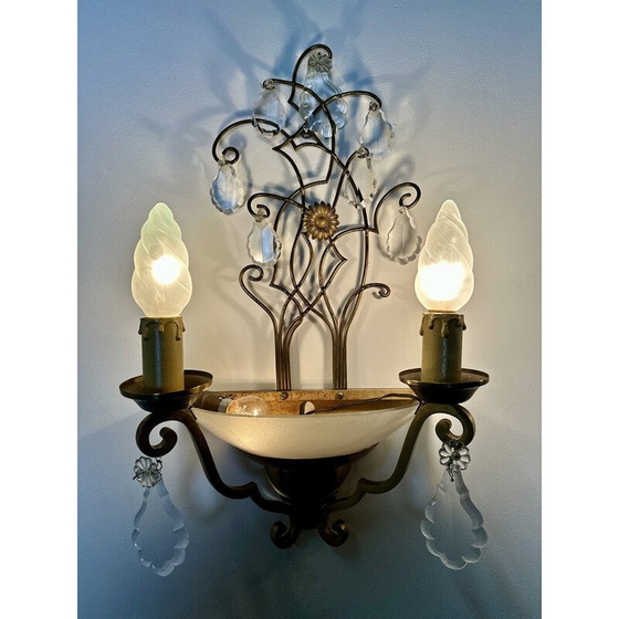 Image 1 of Paar vintage messing wandlampen met papil decor, 1940-1950