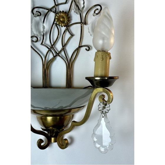 Image 1 of Paar vintage messing wandlampen met papil decor, 1940-1950