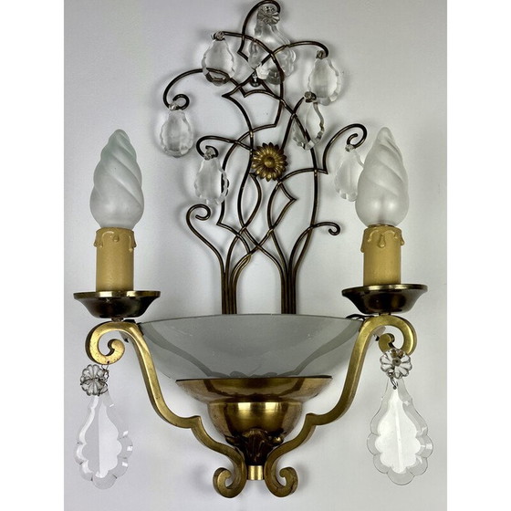 Image 1 of Paar vintage messing wandlampen met papil decor, 1940-1950