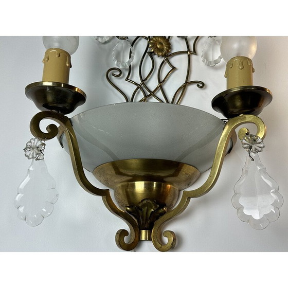 Image 1 of Paar vintage messing wandlampen met papil decor, 1940-1950