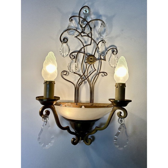 Image 1 of Paar vintage messing wandlampen met papil decor, 1940-1950