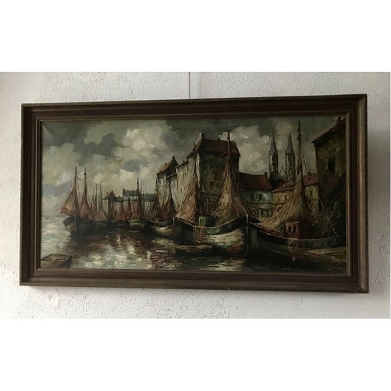 Image 1 of Vintage olieverf op doek "Uitzicht op de haven" door C.R. Ronveaux, 1940