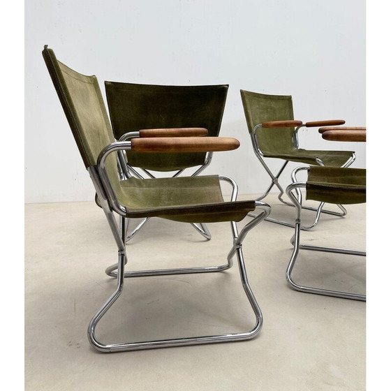Image 1 of Set van 4 inklapbare fauteuils van mid-century hout en groen canvas