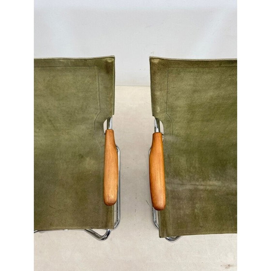 Image 1 of Set van 4 inklapbare fauteuils van mid-century hout en groen canvas