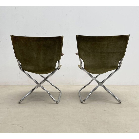 Image 1 of Set van 4 inklapbare fauteuils van mid-century hout en groen canvas
