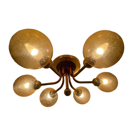 Image 1 of VEB Duitsland - Hanglamp - Spoetniklamp met 6 glazen kappen - Gepatineerd glas - Mid century modern / Atoomtijdperk