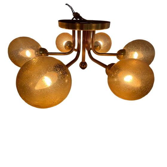 Image 1 of VEB Duitsland - Hanglamp - Spoetniklamp met 6 glazen kappen - Gepatineerd glas - Mid century modern / Atoomtijdperk