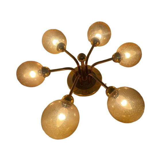 Image 1 of VEB Duitsland - Hanglamp - Spoetniklamp met 6 glazen kappen - Gepatineerd glas - Mid century modern / Atoomtijdperk