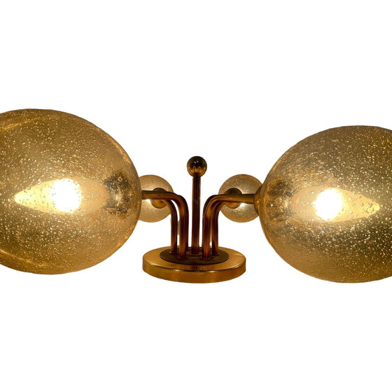 Image 1 of VEB Duitsland - Hanglamp - Spoetniklamp met 6 glazen kappen - Gepatineerd glas - Mid century modern / Atoomtijdperk