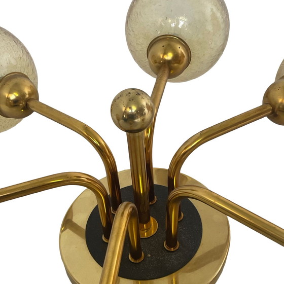 Image 1 of VEB Duitsland - Hanglamp - Spoetniklamp met 6 glazen kappen - Gepatineerd glas - Mid century modern / Atoomtijdperk