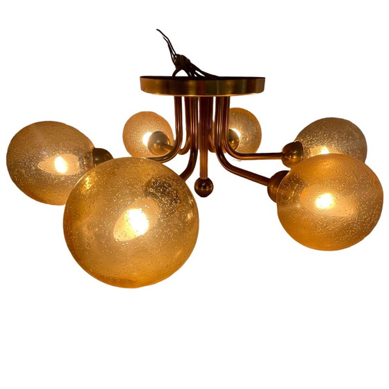 Image 1 of VEB Duitsland - Hanglamp - Spoetniklamp met 6 glazen kappen - Gepatineerd glas - Mid century modern / Atoomtijdperk