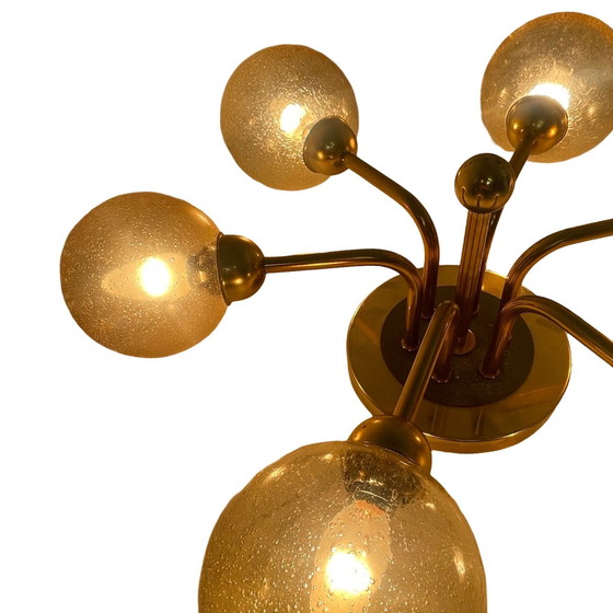 Image 1 of VEB Duitsland - Hanglamp - Spoetniklamp met 6 glazen kappen - Gepatineerd glas - Mid century modern / Atoomtijdperk