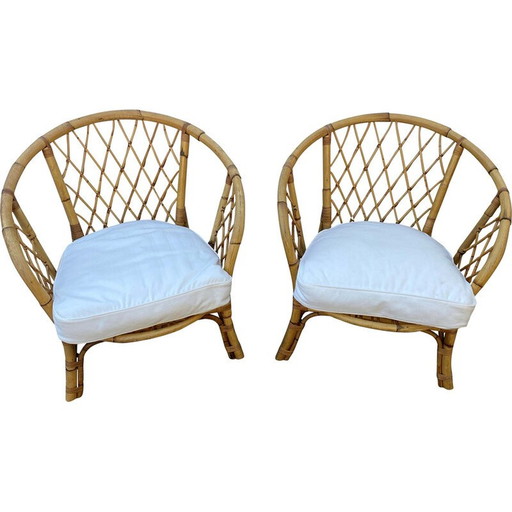 Vintage mandfauteuil van rotan en kussen, 1970