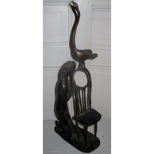 Vintage sculptuur de vrouw en de vogel in brons, 1960