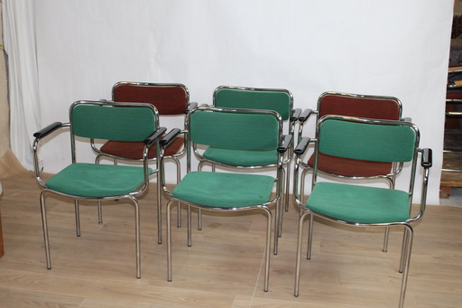 6 Vintage stapelbare stoelen chroom staal en stof 1960 Zweden