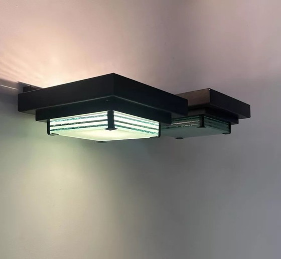 Image 1 of 2X Vintage Post Modernistische Wandlamp, Glas en Gezandstraald Glas, Frankrijk 1980