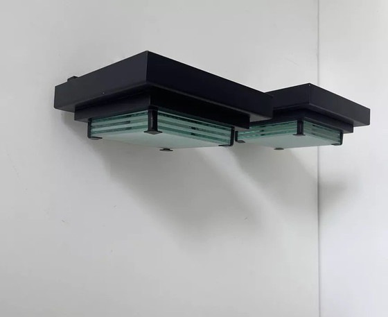 Image 1 of 2X Vintage Post Modernistische Wandlamp, Glas en Gezandstraald Glas, Frankrijk 1980