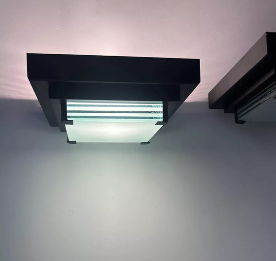 Image 1 of 2X Vintage Post Modernistische Wandlamp, Glas en Gezandstraald Glas, Frankrijk 1980