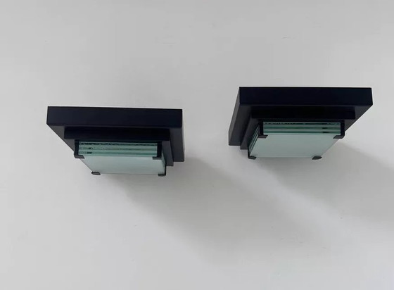 Image 1 of 2X Vintage Post Modernistische Wandlamp, Glas en Gezandstraald Glas, Frankrijk 1980