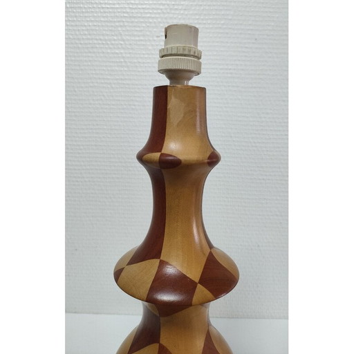 Vintage lamp van gedraaid hout en houtinleg, 1980