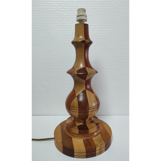 Image 1 of Vintage lamp van gedraaid hout en houtinleg, 1980