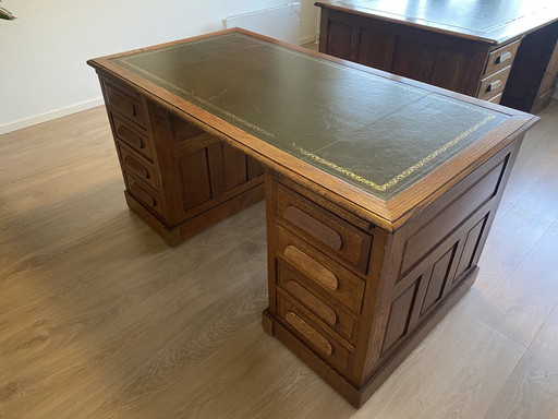 Antiek Houten Bureau Met Lederen Blad - Art Deco - 152 X 81 Cm