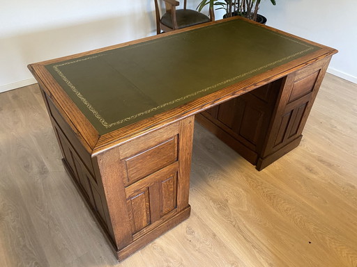 Antiek Houten Bureau Met Lederen Blad - Art Deco - 152 X 81 Cm