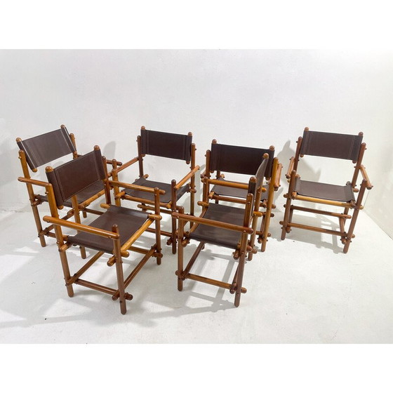 Image 1 of Set van 6 mid-century Italiaanse stoelen van hout en leer, jaren 1960