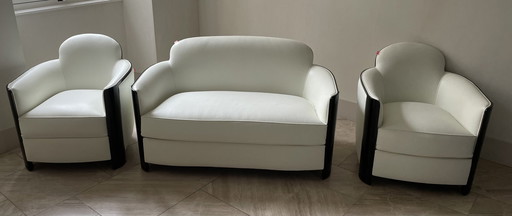 Hugues Chevalier 2-zits bank en 2 witte leren fauteuils set