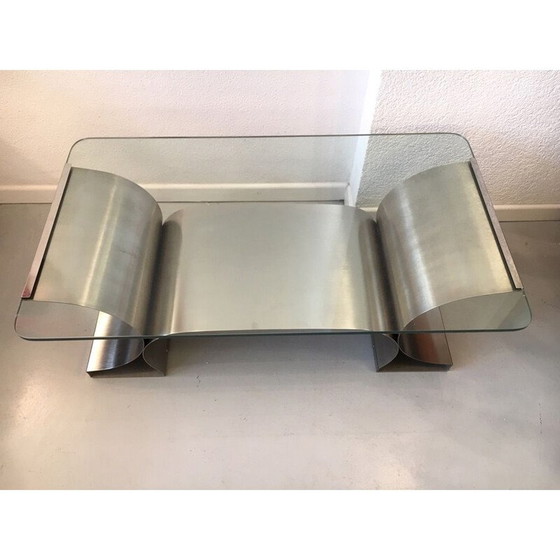 Image 1 of Vintage salontafel van geborsteld staal en glas, Frankrijk 1970
