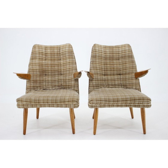Image 1 of Vintage armstoel van hout en stof, Tsjecho-Slowakije 1960