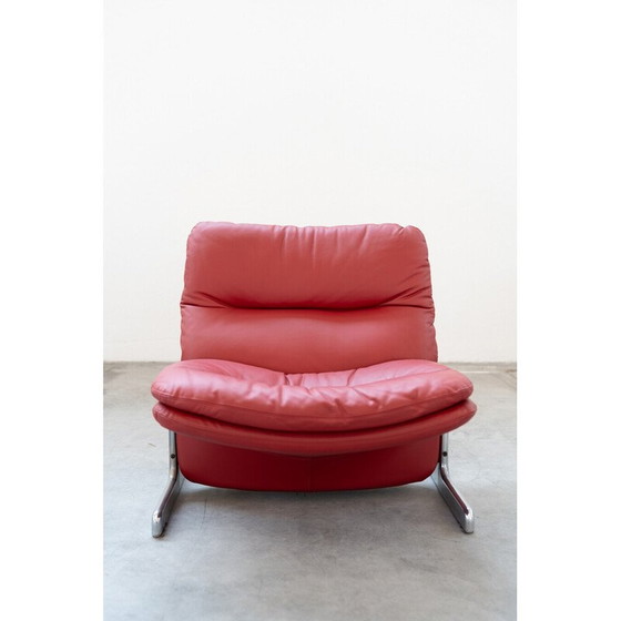 Image 1 of Vintage fauteuil en voetenbank in metaal en rood leer van Vitelli en Ammannati voor Brunati, Italië 1980